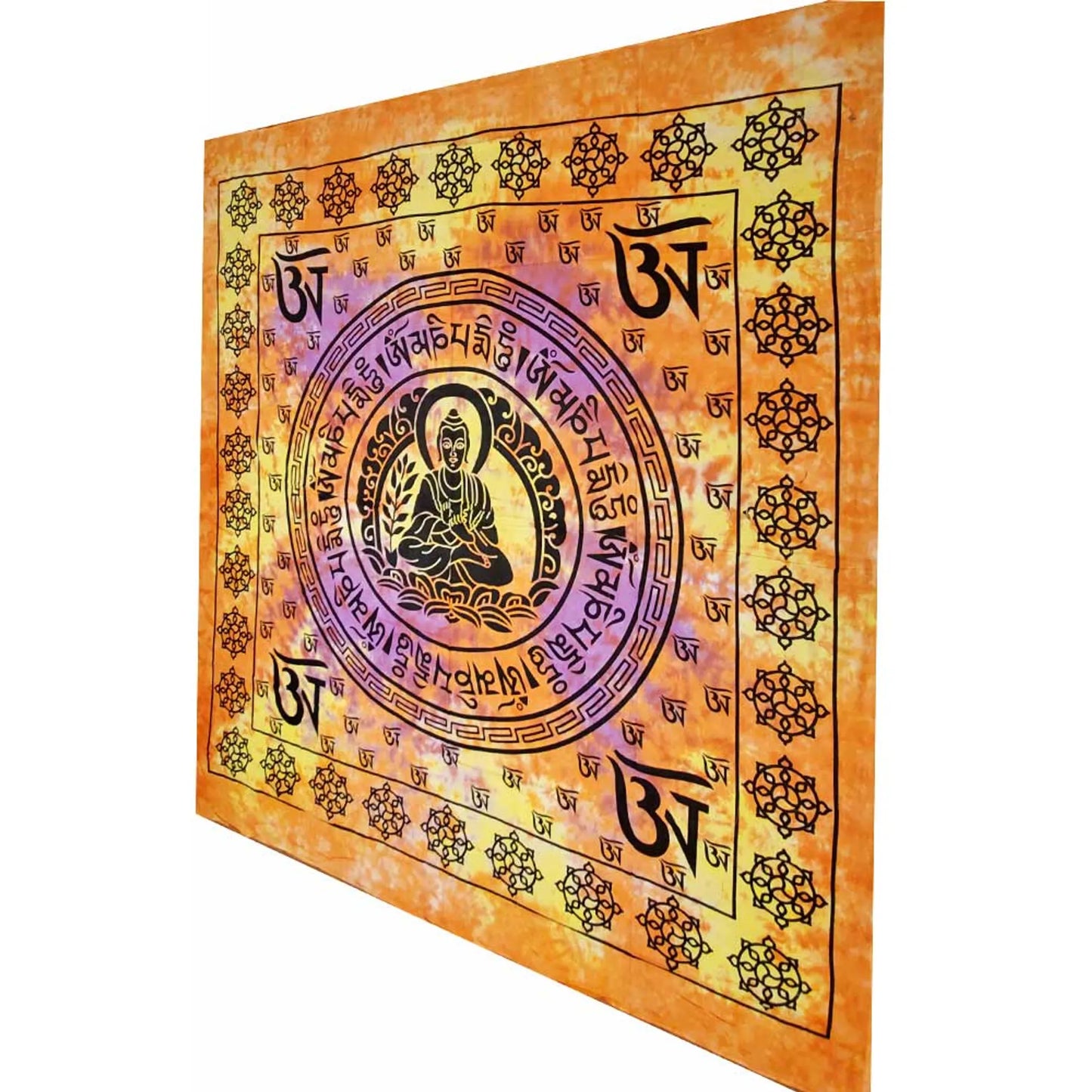 Buddhist Om Symbol Full Size Tapestry Wall Hanging with Seven Chakra Symbol Border