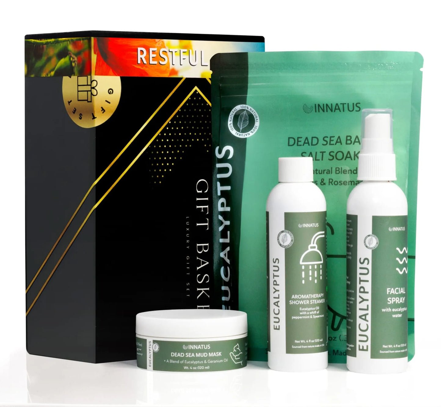 Luxury Dead Sea Spa Gift Set Bath Salt, Mud Mask, Aromatherapy Shower Spray & Eucalyptus Facial Mist Relaxation & Skincare Kit for Rejuvenation & Hydration Perfect Gift for Women & Men
