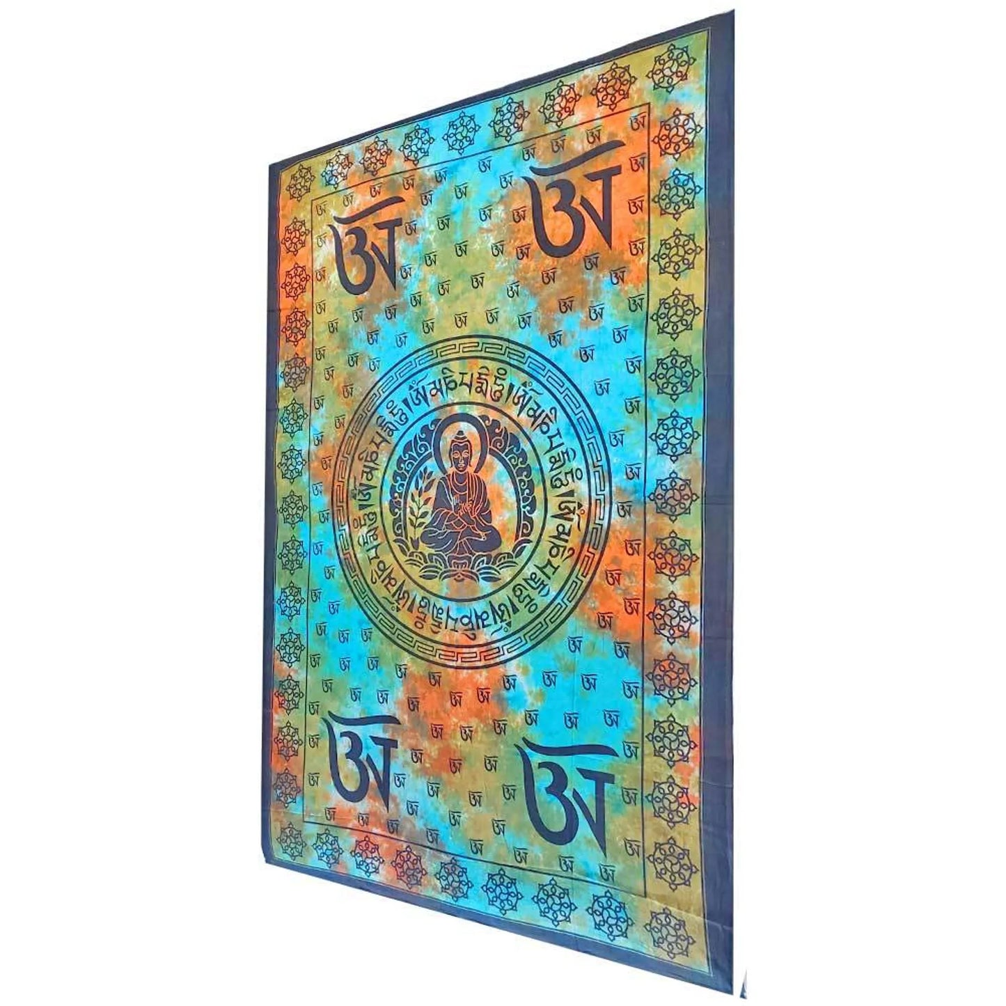Buddhist Om Symbol Tapestry Wall Hanging with Seven Chakra Symbol Border